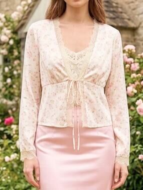 SOMETHINGNEW by VERO MODA White Printed Lace Tie Front Satin Cardigan L NWT